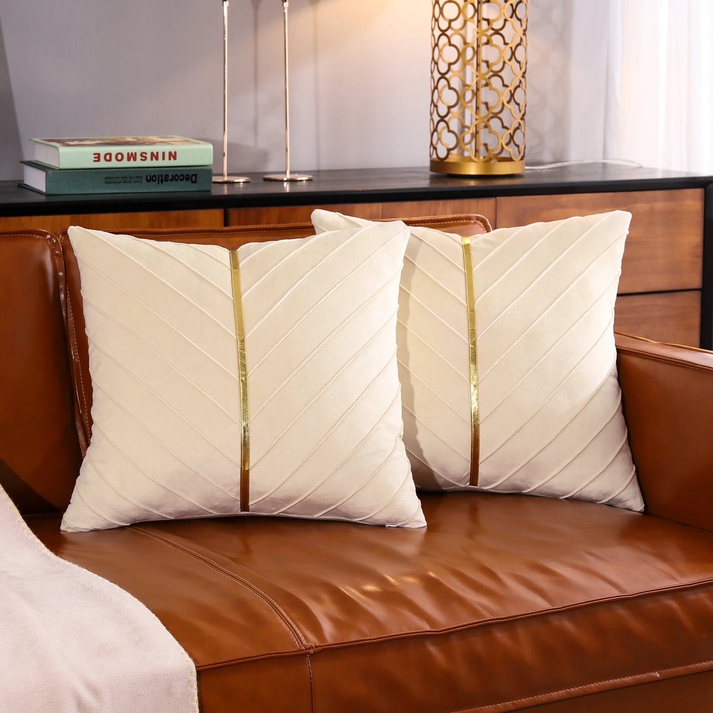 2Pcs Velvet Throw Pillow Covers with Gold Leather