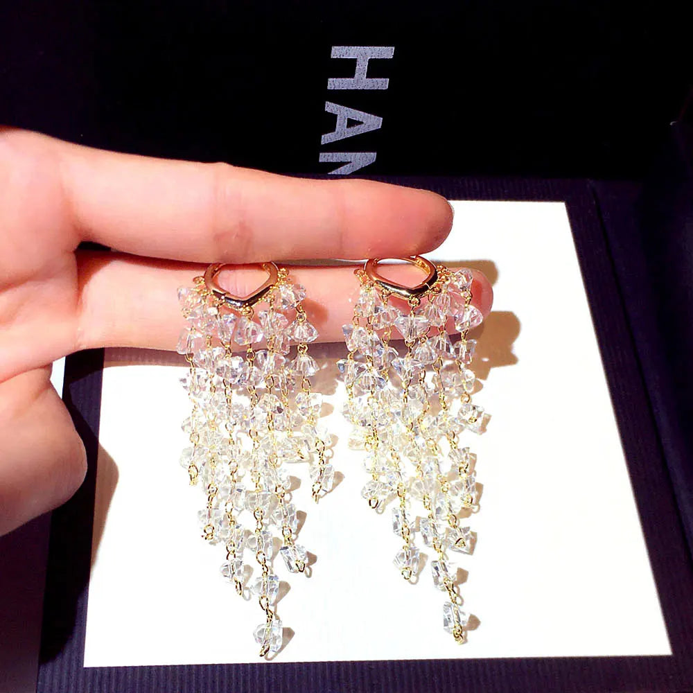 JUWANG Super Fashion Shine Glamour Crystal Temperament Earrings Long