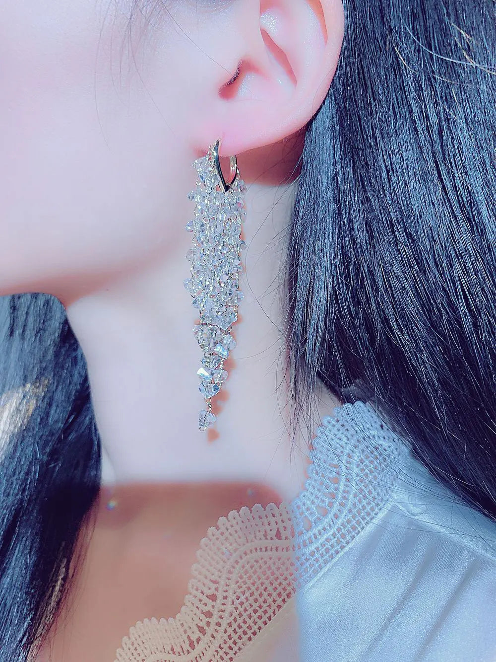 JUWANG Super Fashion Shine Glamour Crystal Temperament Earrings Long