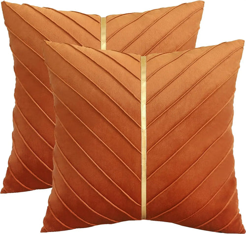 2Pcs Velvet Throw Pillow Covers with Gold Leather